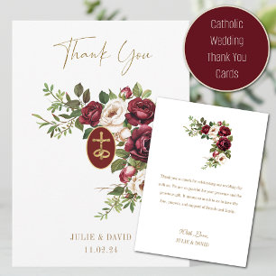 Catholic Claret Floral Gold Crucifix Wedding Thank You Card