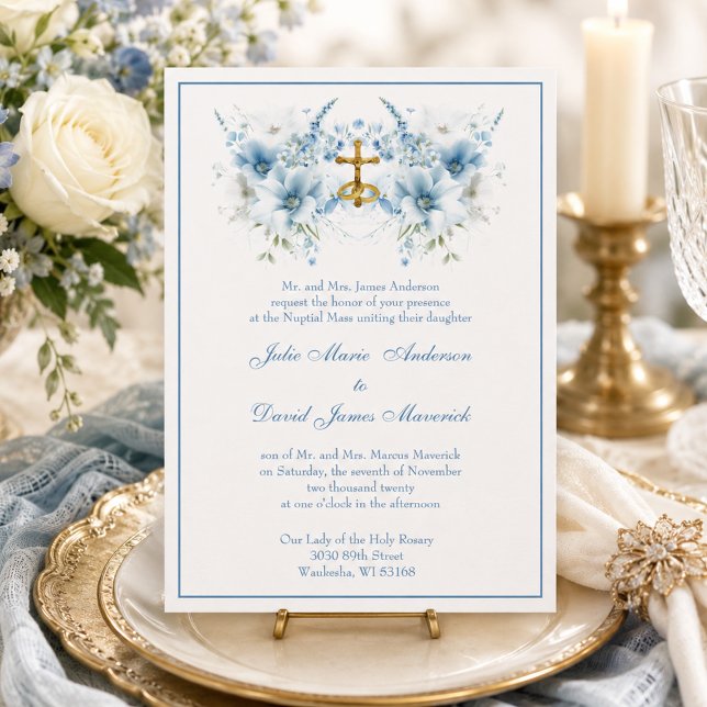 Catholic Classic Blue Floral Religious Wedding Invitation (Creator Uploaded)
