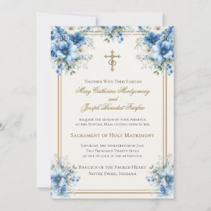 Catholic Classic Blue Floral Wedding Invitation