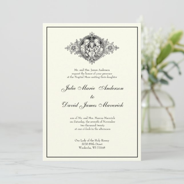 Catholic Classic Elegant Ivory Religious Wedding  Invitation (Standing Front)