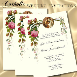 Catholic Classic Elegant Ivory Roses Wedding Invitation