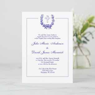Catholic Classic Elegant Navy Blue Cross Dove Invitation