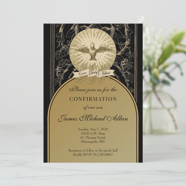 Catholic Confirmation Gold and Black Invitation (Standing Front)
