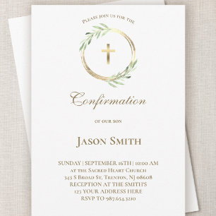 catholic Confirmation gold circle green leaves Invitation
