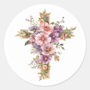 Catholic Cross Floral Design Religious Christian  Classic Round Sticker
