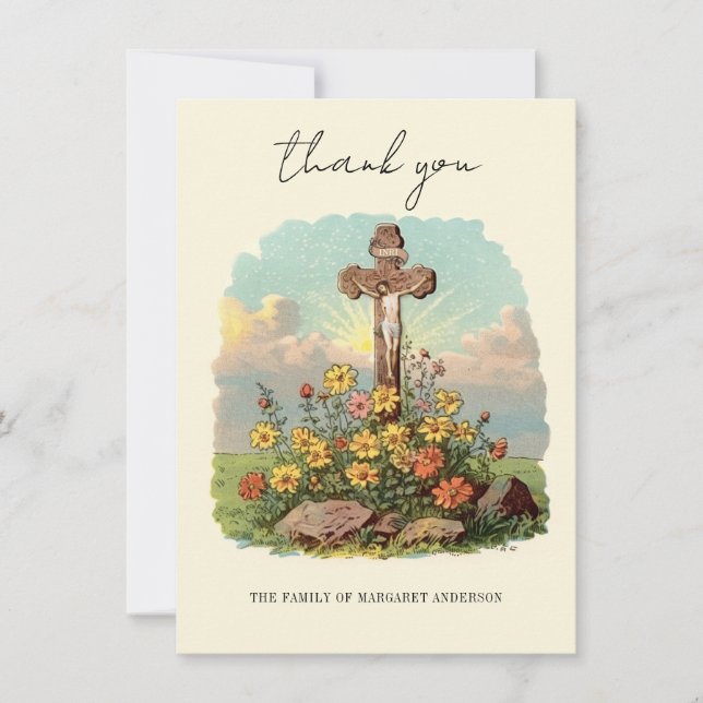 Catholic Cross Floral Funeral Memorial Sympathy Thank You Card (Front)