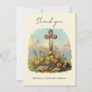 Catholic Cross Floral Funeral Memorial Sympathy Thank You Card