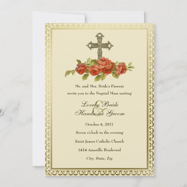 Catholic Cross Vintage Roses Wedding Invitation (Front)