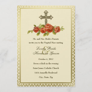 Catholic Cross Vintage Roses Wedding Invitation