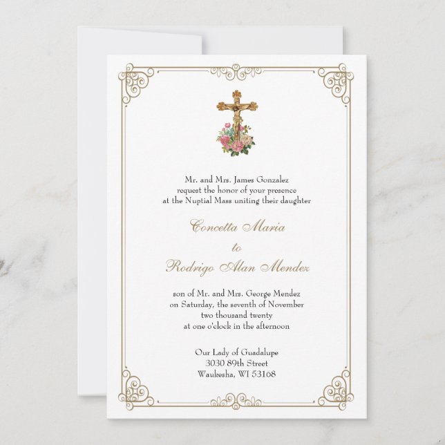 Catholic Crucifix Floral Wedding Gold  Invitation (Front)
