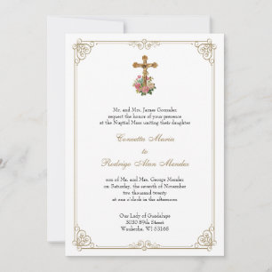 Catholic Crucifix Floral Wedding Gold Invitation