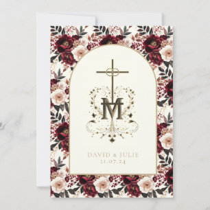 Catholic Dark Red Blush Floral Religious Wedding Invitation