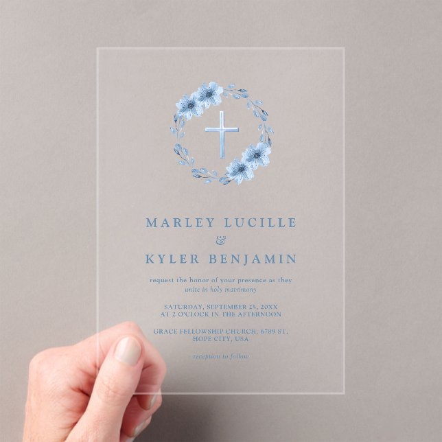 Catholic Dusty Blue Floral Cross Wedding Minimal Acrylic Invitations (Insitu (Handheld))