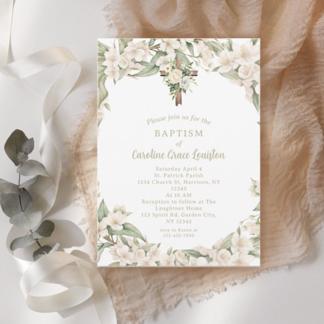 Catholic Easter Baptism White Flower  Invitation (Creator Uploaded)