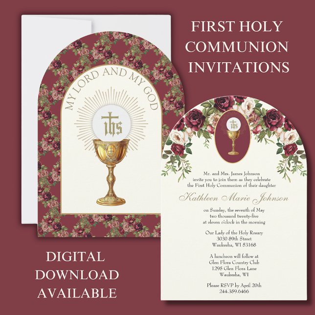 Catholic Elegant Burgundy First Holy Communion Invitation (Creator Uploaded)