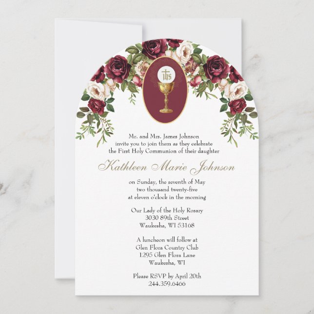 Catholic Elegant Burgundy First Holy Communion Invitation (Front)
