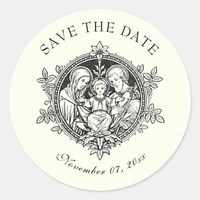Catholic Elegant Ivory Wedding  Holy Family  Classic Round Sticker (Front)