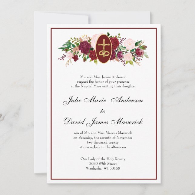Catholic Elegant Religious Roses Wedding  Invitation (Front)