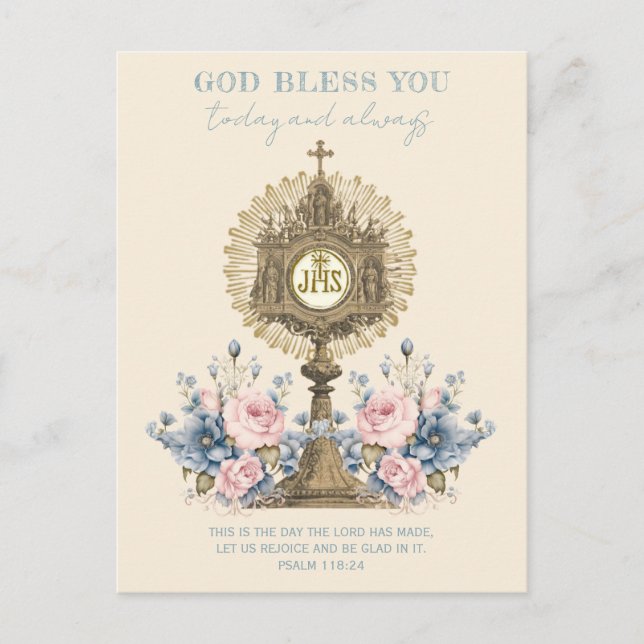 Catholic Eucharist Jesus Blue Floral Postcard (Front)