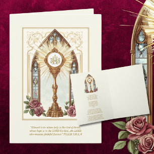 Catholic Eucharistic Host Gold Monstrance Roses Card