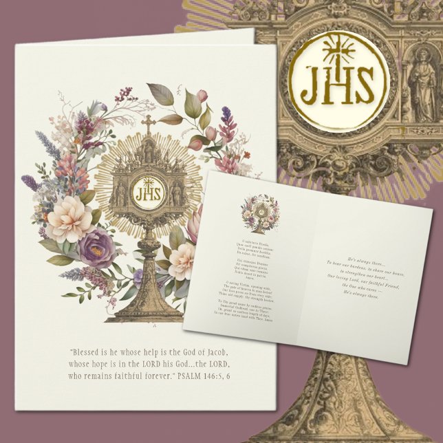 Catholic Eucharistic Host Scripture Prayer  Card (Traditional Catholic Monstrance with O Salutaris Hymn and Scripture Verse )