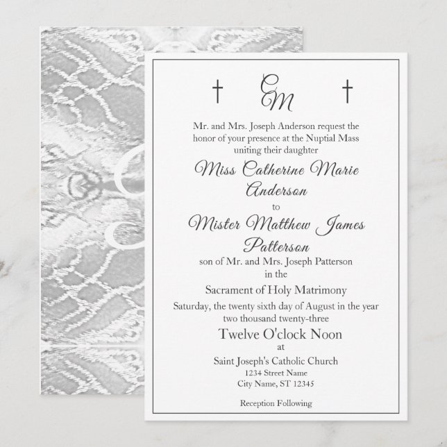 Catholic Faux-Satin Monogrammed Wedding Invitation (Front/Back)
