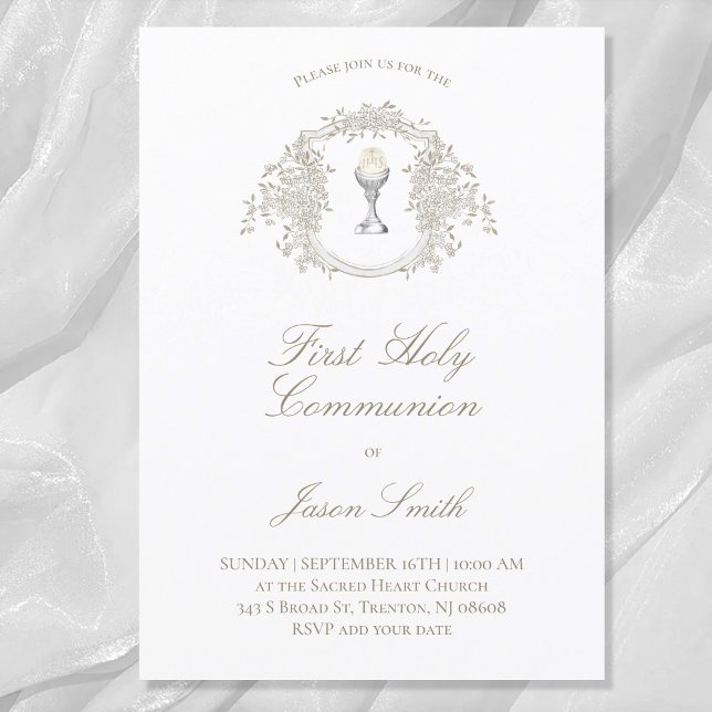 catholic first communion chalice beige grey crest invitation (Creator Uploaded)