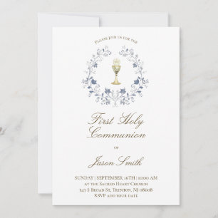 catholic first communion chalice elegant blue  invitation