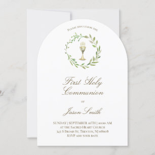 catholic first communion chalice green wreath invitation