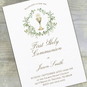 catholic first communion chalice greenery crest invitation