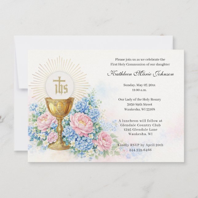 Catholic First Communion Chalice Host Floral Invitation (Front)