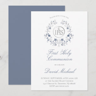 catholic first communion elegant blue wreath invitation