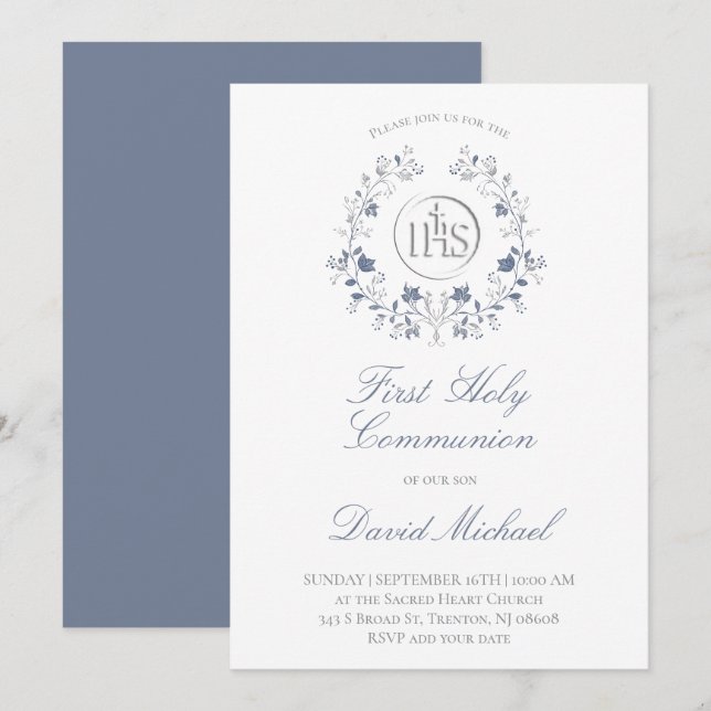 catholic first communion elegant blue wreath invitation (Front/Back)