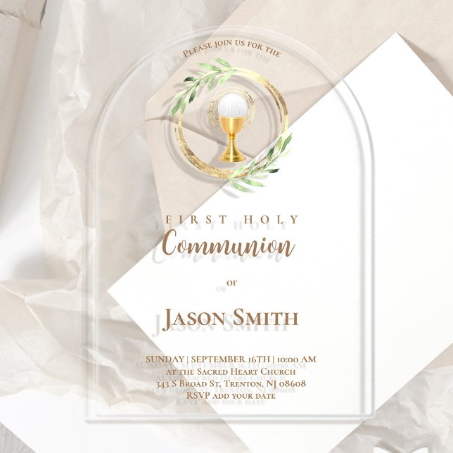 catholic first communion gold circle green leaves acrylic invitations (Creator Uploaded)