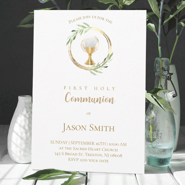 catholic first communion gold circle green leaves invitation (Creator Uploaded)