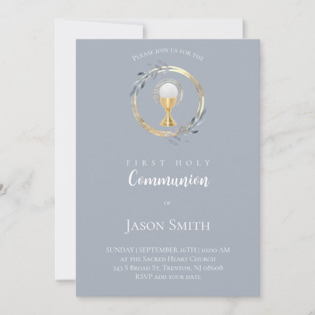 catholic first communion gold circle invitation (Front)