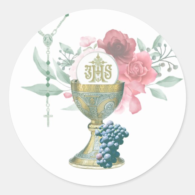 Catholic First Holy Communion Floral Rosary Classic Round Sticker (Front)