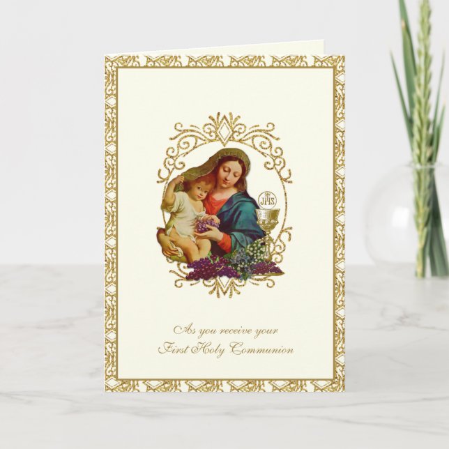 Catholic First Holy Communion Jesus Mary Elegant Card (Front)