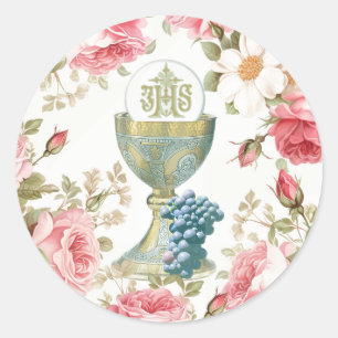 Catholic First Holy Communion pink roses Classic Round Sticker