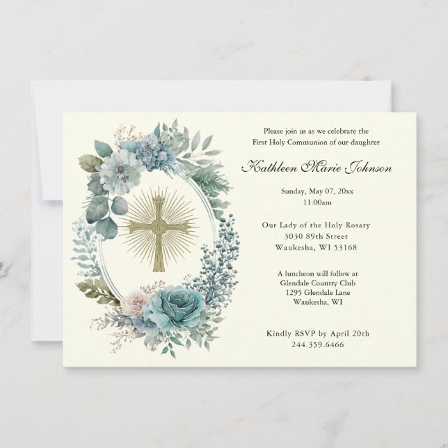 Catholic Floral Cross First Communion Invitations (Front)