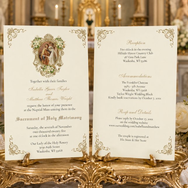 CATHOLIC FLORAL GOLD  WEDDING INVITATIONS (Creator Uploaded)