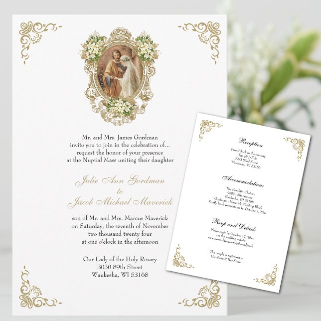 CATHOLIC FLORAL GOLD  WEDDING INVITATIONS (Beautiful, Elegant, & Easy to Personalize)