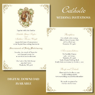 CATHOLIC FLORAL GOLD  WEDDING INVITATIONS