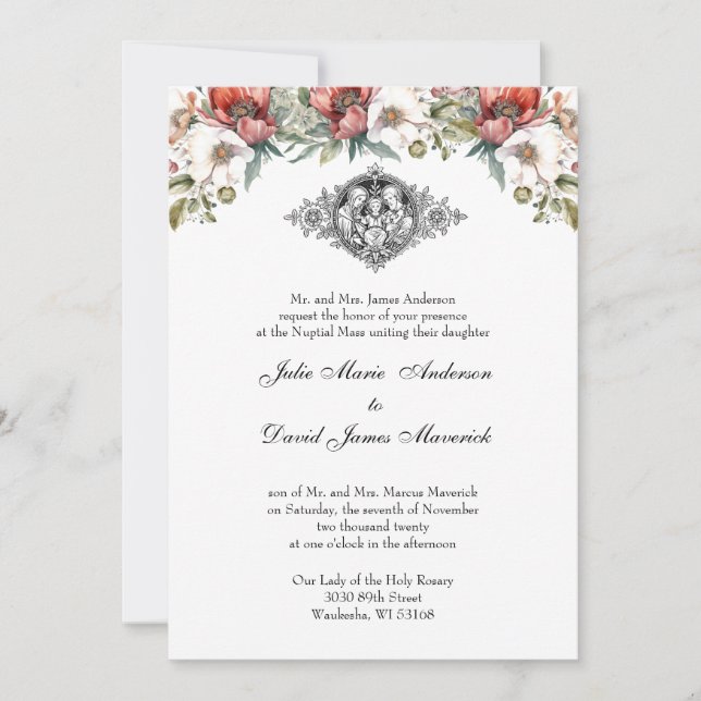 Catholic Floral Holy Family Wedding  Invitation (Front)