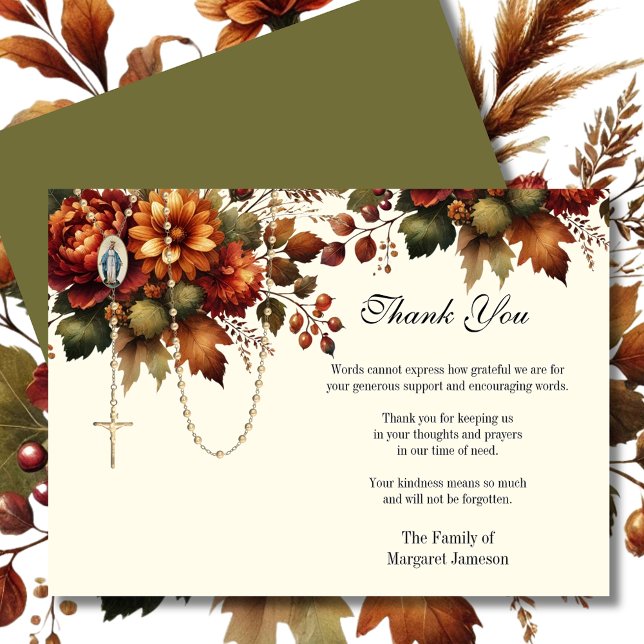 Catholic Floral Rosary Funeral Condolence Sympathy Thank You Card (Creator Uploaded)