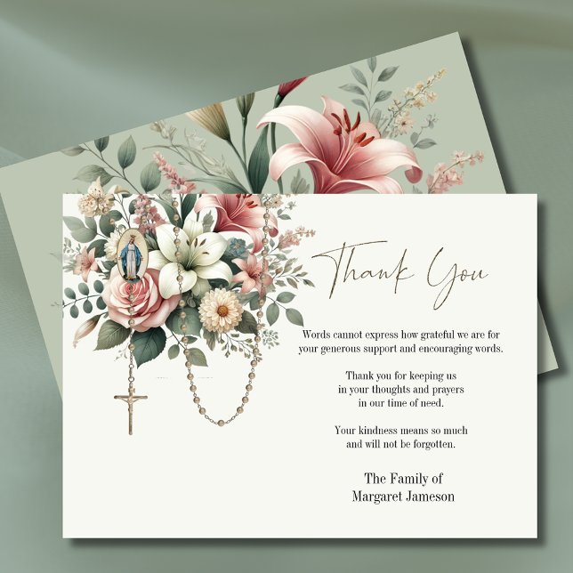 Catholic Floral Rosary Funeral Condolence Sympathy Thank You Card (Creator Uploaded)
