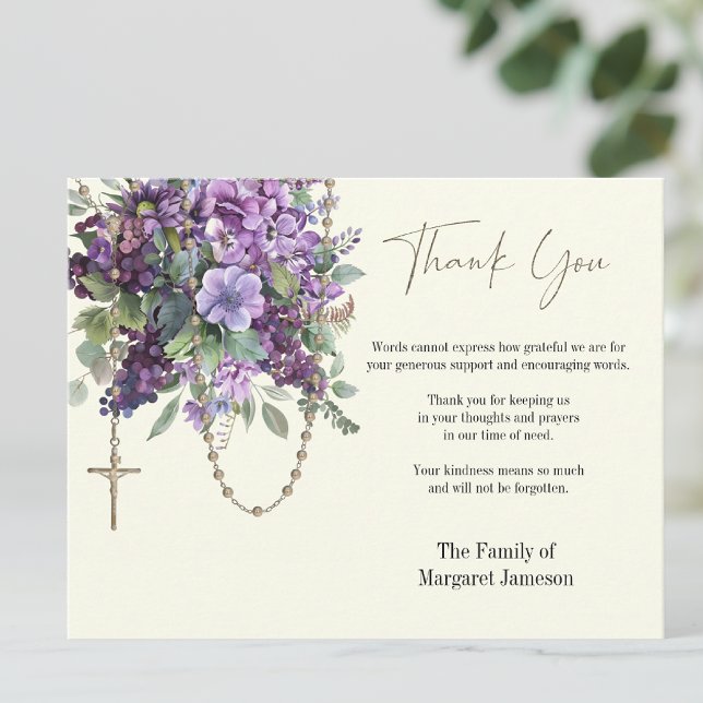 Catholic Floral Rosary Funeral Condolence Sympathy Thank You Card (Creator Uploaded)