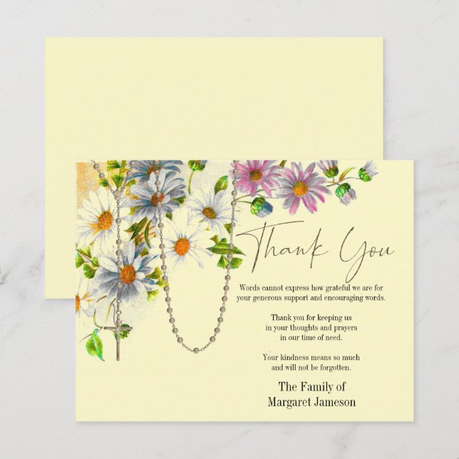 Catholic Floral Rosary Funeral Condolence Sympathy Thank You Card (Front/Back)