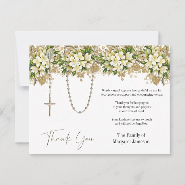 Catholic Floral Rosary Funeral Condolence Sympathy Thank You Card (Front)