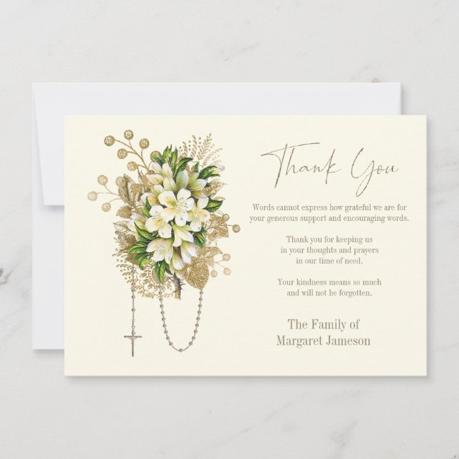 Catholic Floral Rosary Funeral Condolence Sympathy Thank You Card (Front)